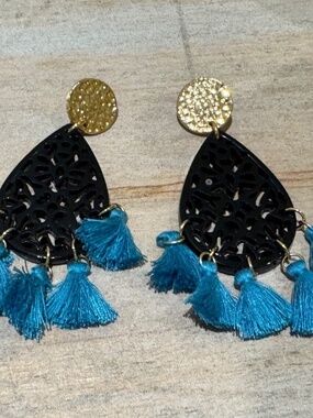 Large Statement Pierced Earrings Black Acrylic W/ Teal Blue Tassel Dangle 3.5"